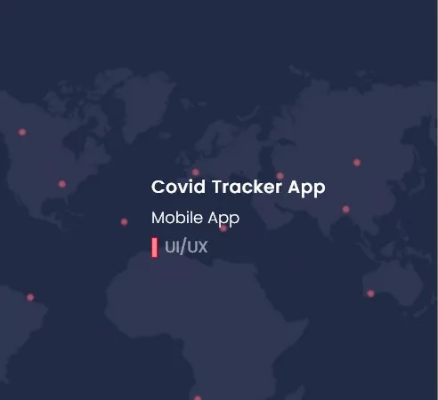 Covid Tracker app screens on a dark navy background with a red virus illustration
