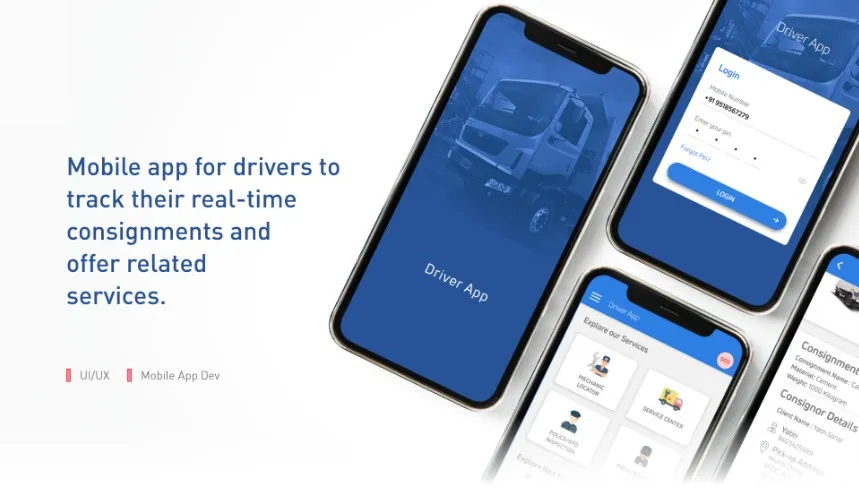 Blue Driver App screens showing login, consignment details and a grid of nearby services