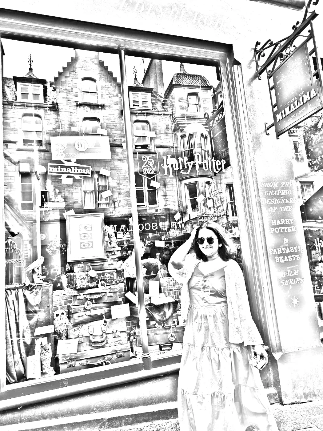 Bhagyashri in a pink dress outside the House of MinaLima shop in Edinburgh