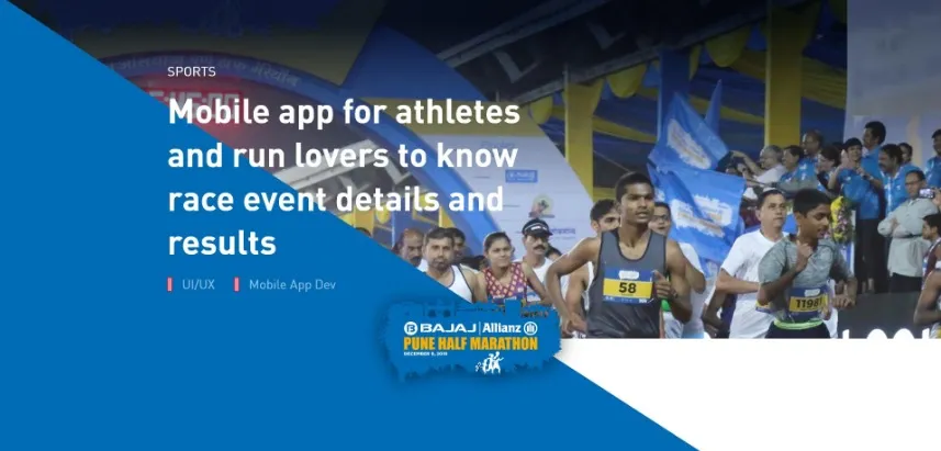 Bajaj Allianz Pune Half Marathon app screens in blue showing event details and race results