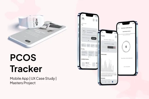 Four phone screens from the PCOS Tracker app: home, data sharing, appointment booking and community feed